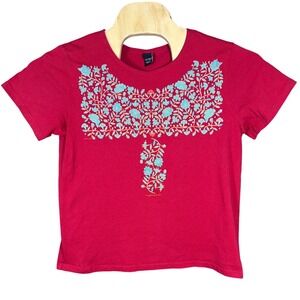 Sabaku Artwear T-Shirt Women Medium Electric Huipil Red Floral Graphic USA Made